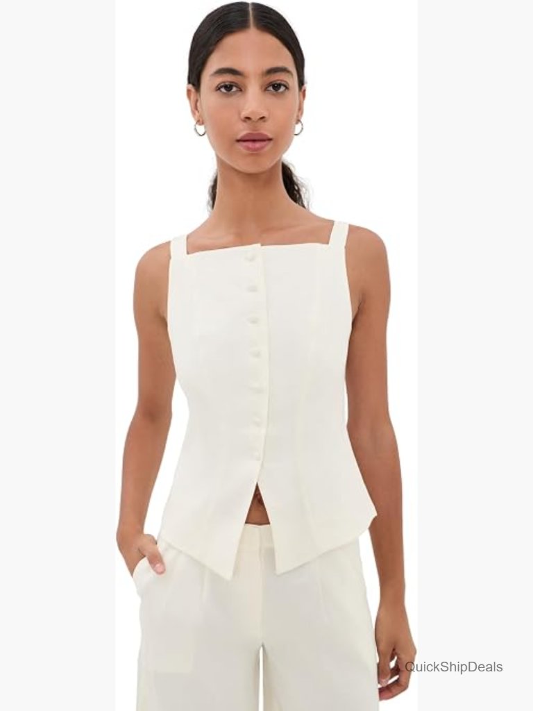 Linen Blend Tailored Vest With Square Neck